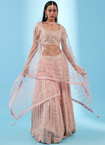 Baby Pink Georgette Lehenga choli with elegant zari and sequin thread embroidery work.